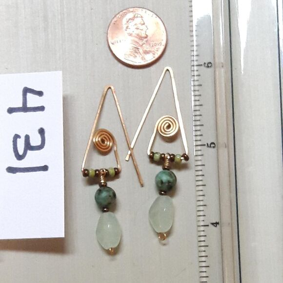 Artisan earrings  431# dangle earrings African Turquoise gemstone Brass crafted - Picture 3 of 4